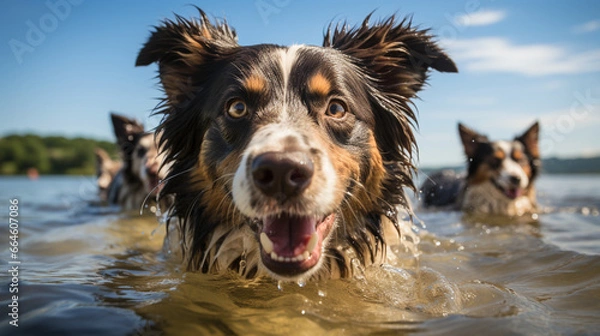 Fototapeta A canine squad training on the beach, practicing water rescues and swimming.