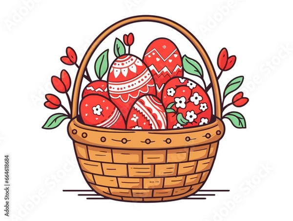 Obraz Doodle Easter basket with red eggs, cartoon sticker, sketch, vector, Illustration, minimalistic