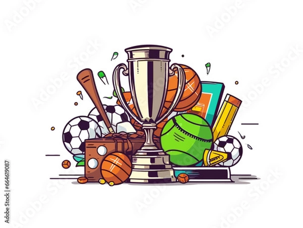 Obraz Doodle Trophy with sports equipment, cartoon sticker, sketch, vector, Illustration, minimalistic