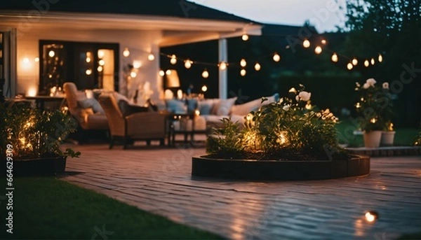 Fototapeta Beautiful suburban house patio in summer evening with garden lights
