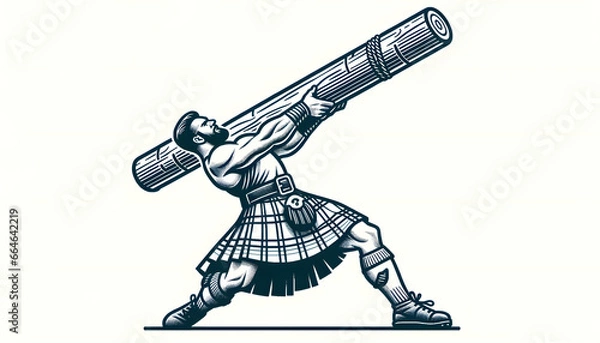 Fototapeta Caber toss. Scottish strongman athlete vector icon. Scotland man in kilt tossing the caber at highland games.