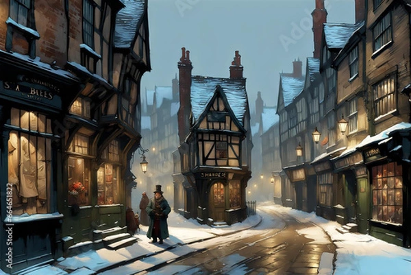 Obraz winter scene with a traditional old-fashioned english town street with snow covered medieval buildings with illuminated windows at twilight