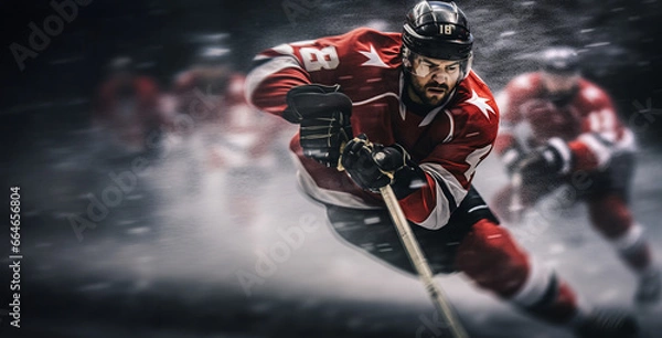 Fototapeta A dynamic portrait of a hockey player in a colorful background riding through sheets of ice in a dark scenery