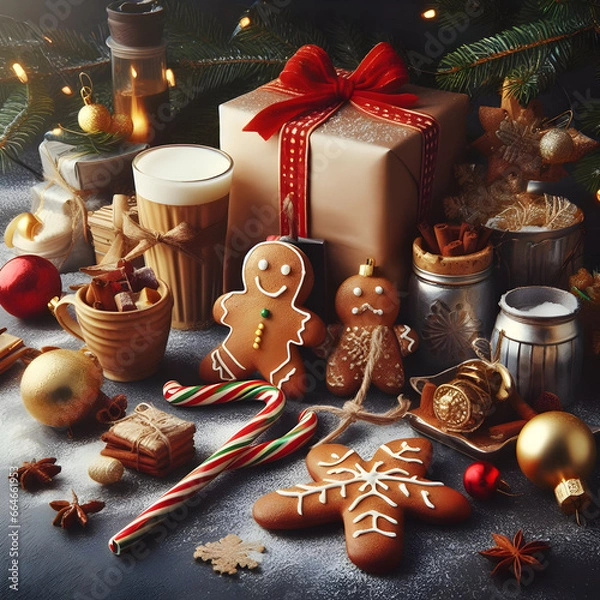 Obraz gingerbread cookies and christmas decorations