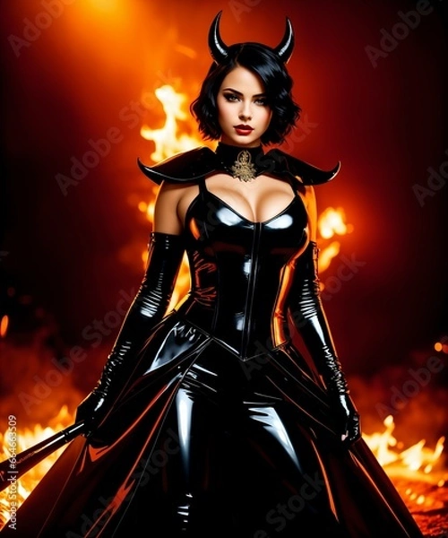 Fototapeta Sexy brunette woman in black latex dress over fire background.