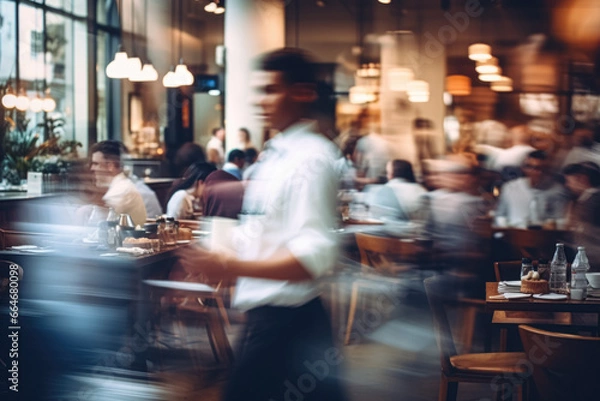 Obraz Public Space Cafe Restaurant Background, Blurred Motion, Urban Dining, Modern Interior, Casual Gathering, Service, Atmosphere, Diners Hustle, Contemporary Bistro, Relaxing. Generative AI.