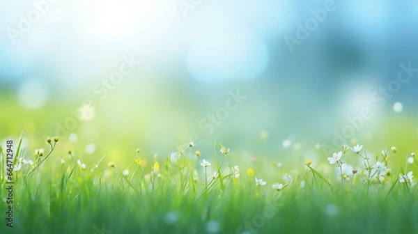 Obraz nature background with sunny spring meadow blur background blue sky to green grass