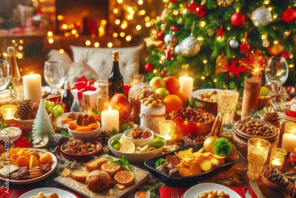 Fototapeta Christmas Dinner table full of dishes with food and snacks, New Year's decor with a Christmas tree on the background