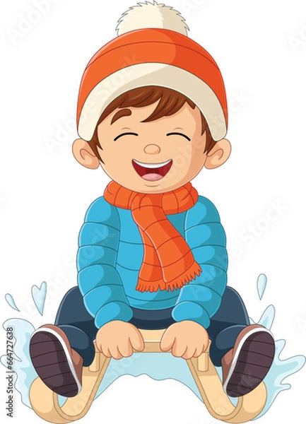 Obraz Cartoon little boy sledding down a hill