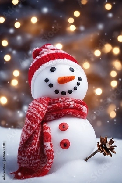 Fototapeta Snowman with hat and scarf, with shiny background.