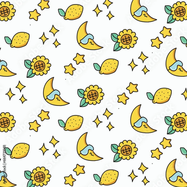 Fototapeta Seamless pattern with moon, sun and stars. Vector illustration
