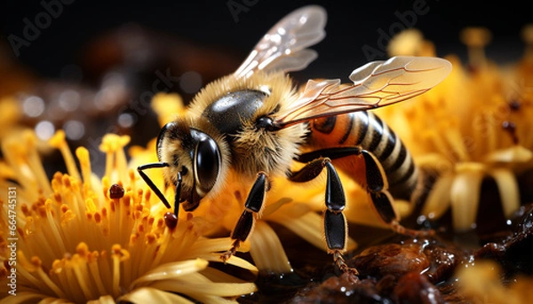 Fototapeta Busy honey bee working in a beautiful summer flower garden generated by AI