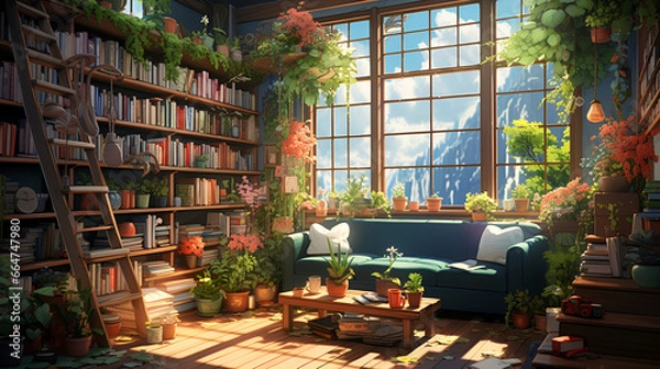 Fototapeta lofi living room with full of plants , anime style