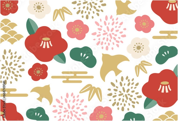 Obraz 和柄の花と松竹梅のポップなフラットデザイン。ベクターイラストの背景。