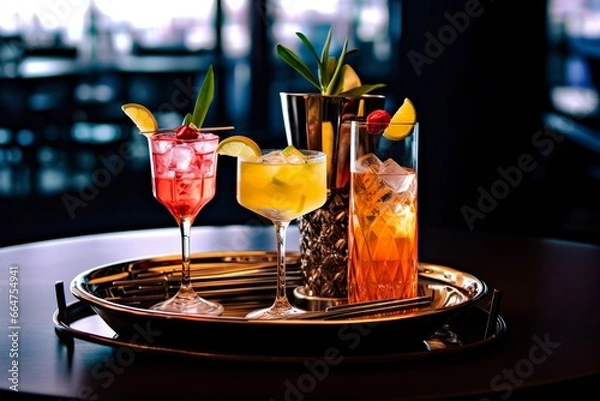 Obraz Glasses alcohol cocktail set on a waiter tray in bar.