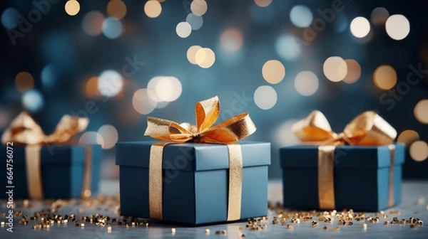 Obraz  Gift boxes with gold bow on blue defocused interesting background 