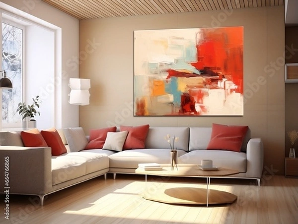 Fototapeta Modern living room with canvas painting and colorful furniture generative ai