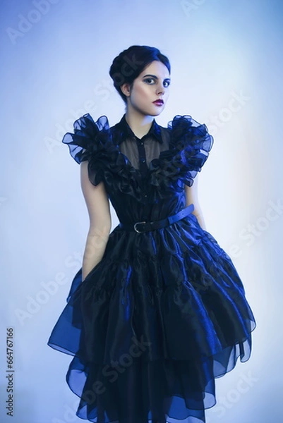 Fototapeta Cosplay girl in Wednesday Adams black dress