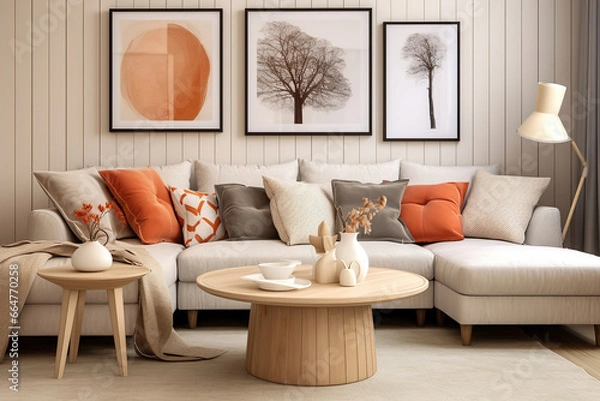 Fototapeta Round coffee table near white corner sofa with terra cotta cushions near paneling wall with art poster. Scandinavian home interior design of modern living room.
