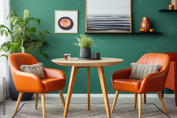 Fototapeta Orange leather chairs at round dining table against green wall. Scandinavian, mid-century home interior design of modern living room