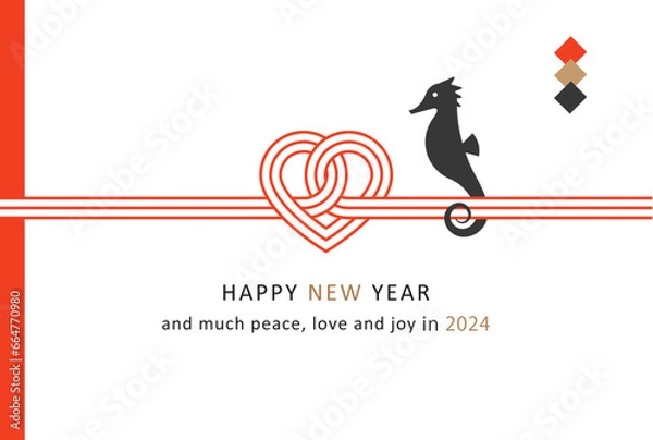 Obraz New Year card design. 2024 Dragon Year. Heart shaped  mizuhiki and seahorse silhouette. Traditional Japanese wrapping paper style. 