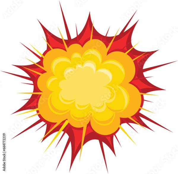 Obraz Cartoon Explosion, Cartoon dynamite or bomb explosion, fire set. Boom clouds and smoke elements for ui game design. Dangerous explosive detonation, atomic comics detonators for mobile animation, isola