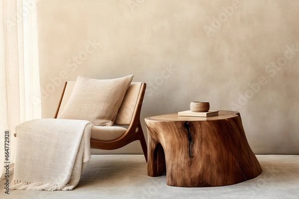 Fototapeta Fabric lounge chair and wood stump side table against beige stucco wall with copy space. Rustic minimalist home interior design of modern living room.