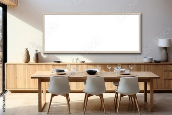 Fototapeta A horizontal empty mockup frame is placed on the wall in a sunlit dining room, creating a well-lit and inviting setting for showcasing artwork or photographs. Photorealistic illustration