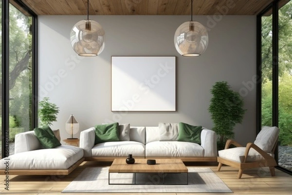 Fototapeta A blank mockup frame is positioned on a wall in a sunlit and cozy living room with a rustic ambiance, creating a warm and inviting space for showcasing artwork. Photorealistic illustration