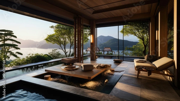 Fototapeta 3D render interior design concept, Tranquil Japanese Resort by the Lake Natural background: A Serene Retreat and Relax with private Onsen space. travel and vacation background