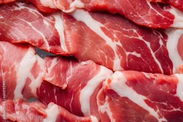 Fototapeta Macro shot of pork meat. Meat textured background. Beef steak is raw and juicy.
