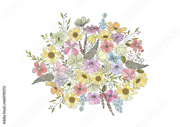 Obraz ボタニカル、パステルカラーの色とりどりの美しい花束