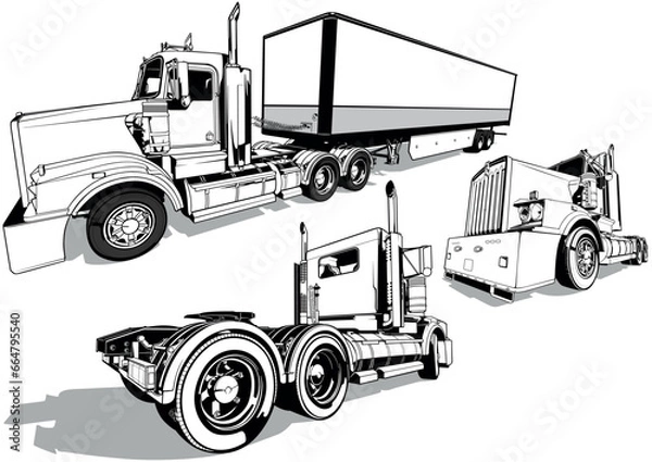 Fototapeta Set of Drawings of Australian Road Truck - Black and White Illustrations from Side View from Front View and Rear View, Vector