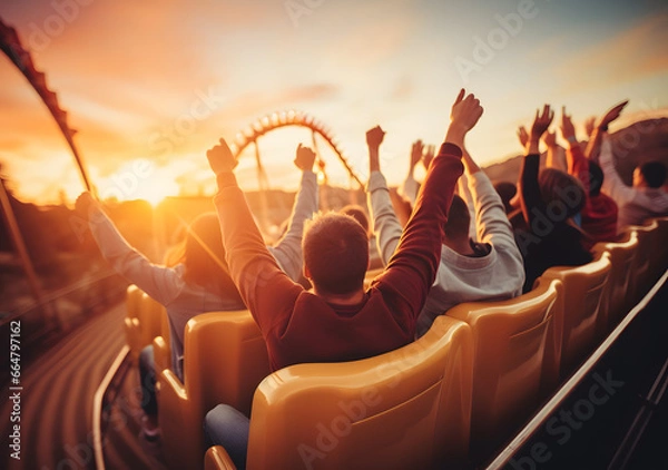 Obraz Roller Coaster Euphoria People cheering and enjoying ride at the amusement park with sunset. Generative AI
