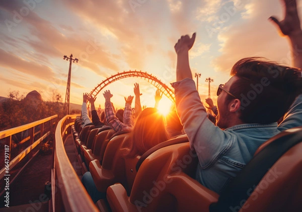 Obraz Roller Coaster Euphoria People cheering and enjoying ride at the amusement park with sunset. Generative AI