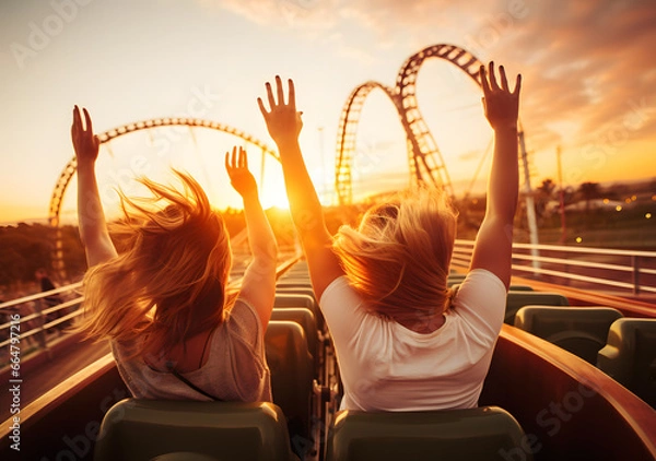 Obraz Roller Coaster Euphoria People cheering and enjoying ride at the amusement park with sunset. Generative AI