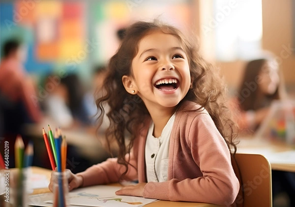 Obraz Smiling child studying at desk in school. Generative AI