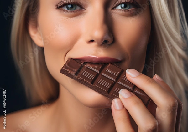 Obraz Close-up portrait of Woman biting a chocolate bar. Generative AI