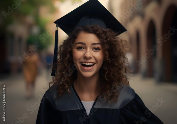 Obraz Happy girl celebrating Graduation. School student graduating. Generative AI