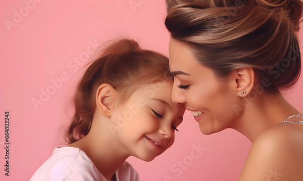 Obraz Portrait of happy mother embracing her girl over. Generative AI