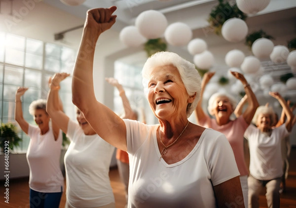 Obraz Senior group doing exercise in gym. Elderly women having physiotherapy class. Generative AI