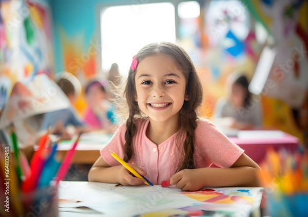 Obraz Smiling child studying at desk in school. Generative AI
