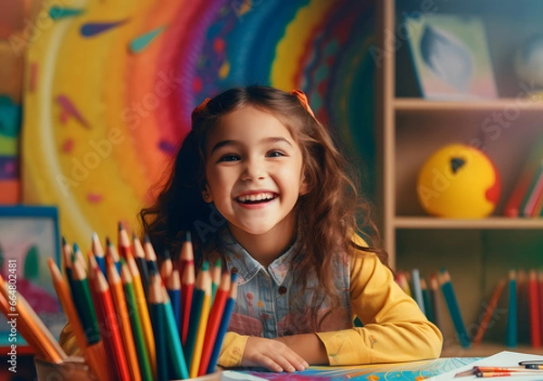 Obraz Smiling child studying at desk in school. Generative AI