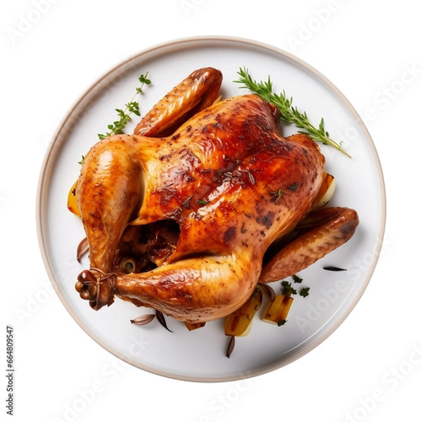 Fototapeta Roasted chicken on plate isolated on transparent background, Grilled seasoned rotisserie chicken dish garnish for menu, above, top view, dieting, cooking, recipe, thanksgiving turkey, Christmas dinner