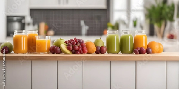 Obraz fruits and juice on wooden tabletop counter. in front of bright out of focus kitchen. copy space.