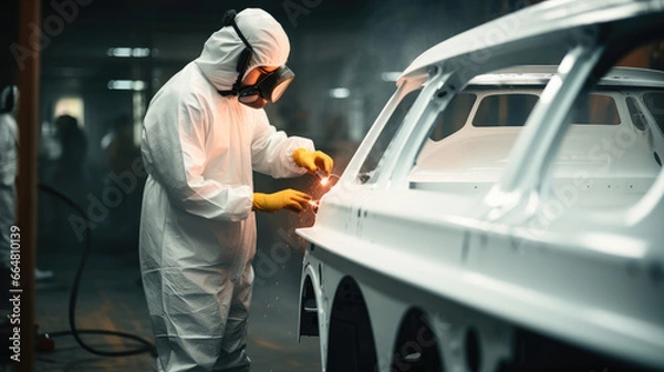Fototapeta Automotive service worker in full protective gear expertly apply color paint to car bodywork with spray gun in painting workshop.