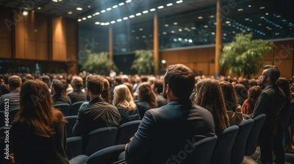 Fototapeta People in audience at the conference hall, Professionals in convention center during seminar at business event.