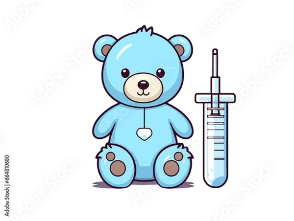 Fototapeta Doodle Syringe with teddy bear, cartoon sticker, sketch, vector, Illustration, minimalistic