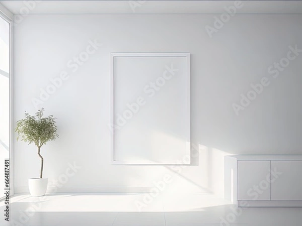Fototapeta Minimalistic interior of white room with white frame, concrete floor and potted plant. 3d rendering of the layout.