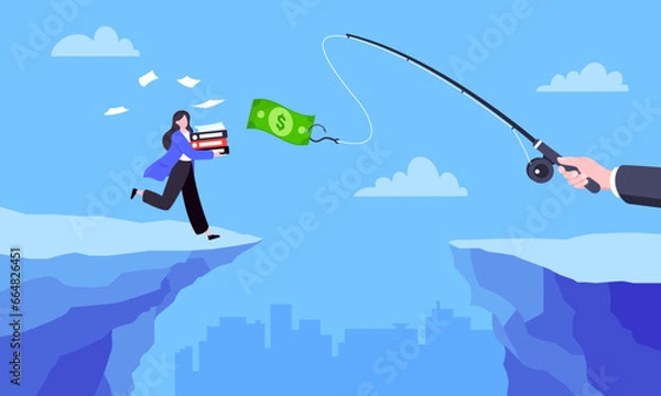 Fototapeta Fishing money chase business concept with businesswoman running after dangling dollar jumps over the cliff. Working hard and always busy in the loop routine flat style design vector illustration.
